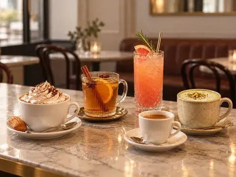 des boissons chaudes et froides sur un comptoir