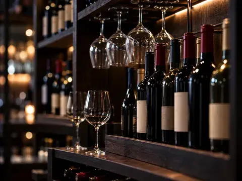 des verres de vin et des bouteilles dans une étagère