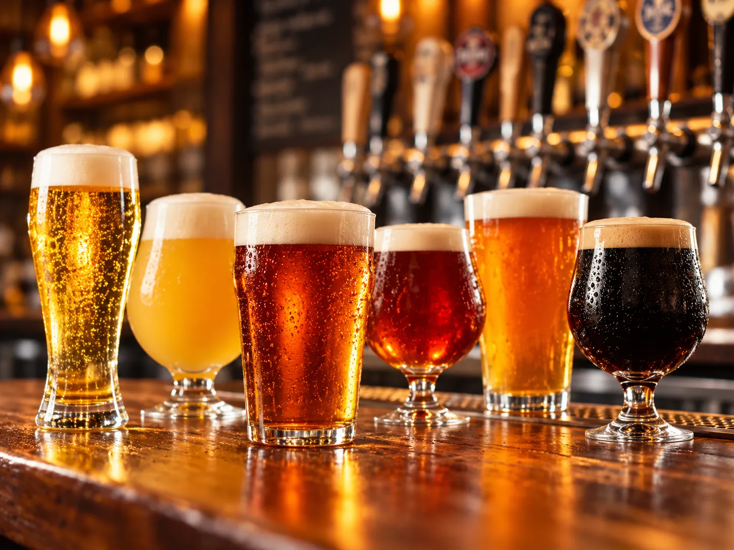 Plusieurs pintes de bière disposées sur un comptoir de bar