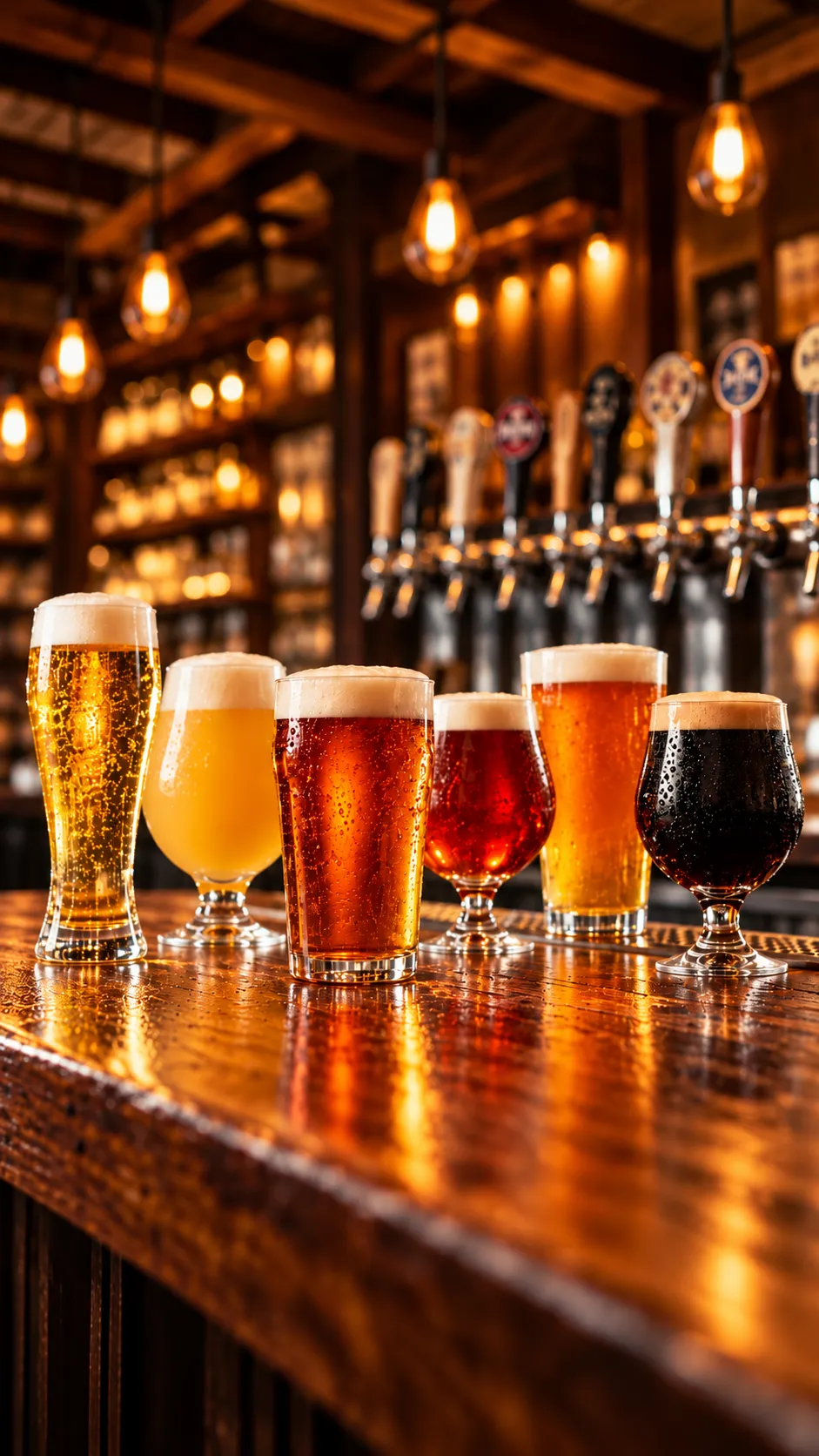 Des verres de bière de différentes tailles disposés sur un comptoir de bar