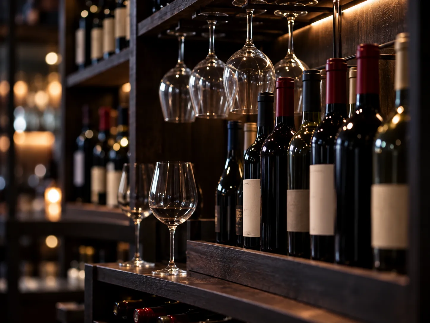 Des bouteilles de vin avec des verres disposées sur une étagère en bois