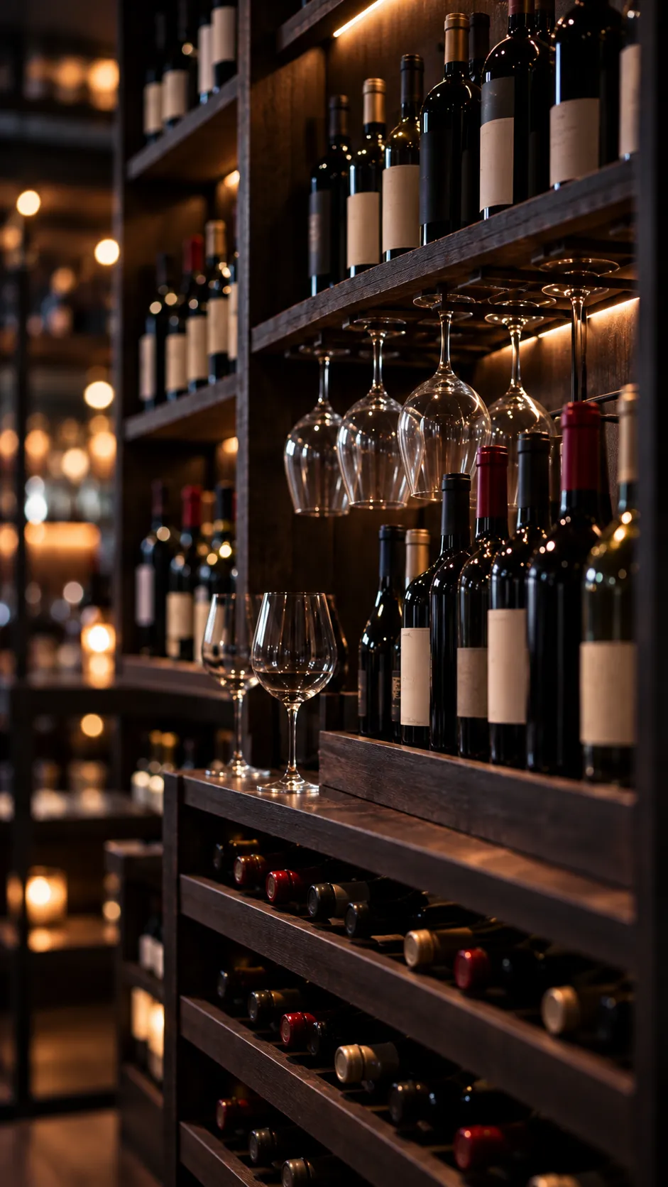 Des bouteilles de vin et des verres disposés sur une étagère